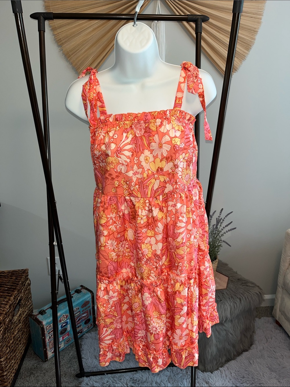 Floral Tie-Strap Sundress in Coral Pink
